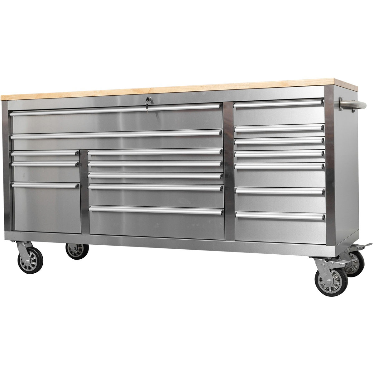 Widebody Heavy Duty 72" Stainless Steel Rolling Tool Chest with Wooden Worktop 17 Drawers 1978x610x1000mm Silver - YZM106