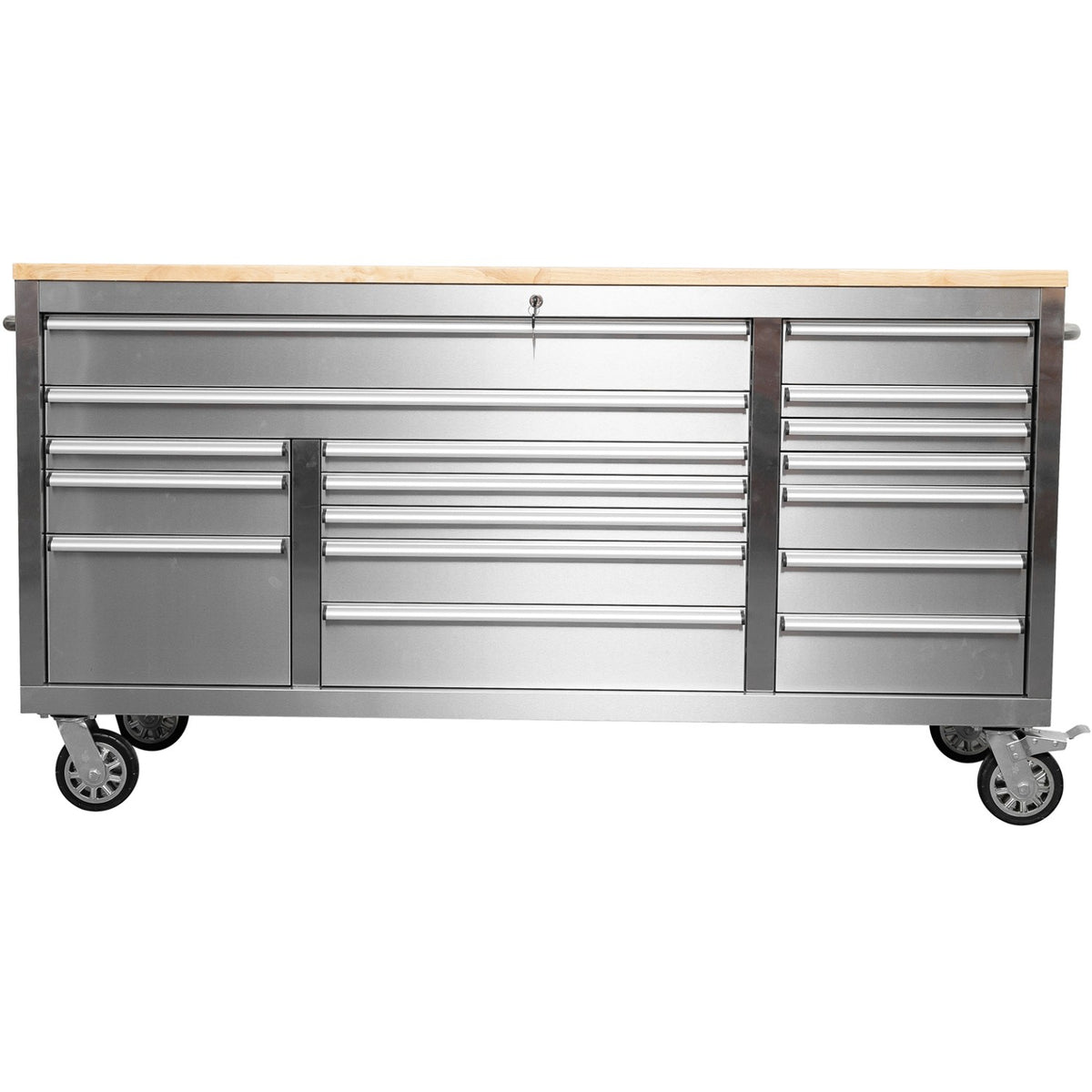 Widebody Heavy Duty 72" Stainless Steel Rolling Tool Chest with Wooden Worktop 17 Drawers 1978x610x1000mm Silver - YZM106