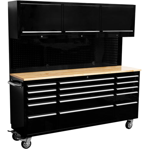 Heavy Duty 72" Steel Rolling Tool Chest with Wooden Worktop & Upper Cabinet & Pegboard 15 Drawers 1978x515x1828mm Black - YZM112