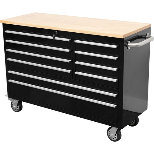 Heavy Duty 48" Steel Rolling Tool Chest with Wooden Worktop 10 Drawers 1369x486x909mm Black - YZM124