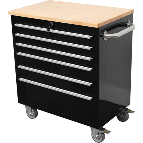 Heavy Duty 30" Steel Rolling Tool Chest with Wooden Worktop 6 Drawers 835x485x877mm Black - YZM132