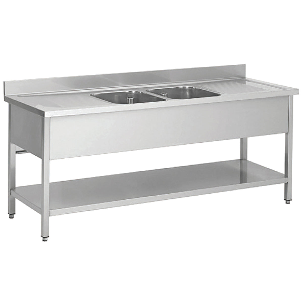 Commercial Sink Stainless steel 2 bowls Bottom shelf Splashback 2000mm Depth 600mm - THSTR206BM2