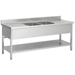 Commercial Sink Stainless steel 2 bowls Bottom shelf Splashback 2000mm Depth 600mm - THSTR206BM2