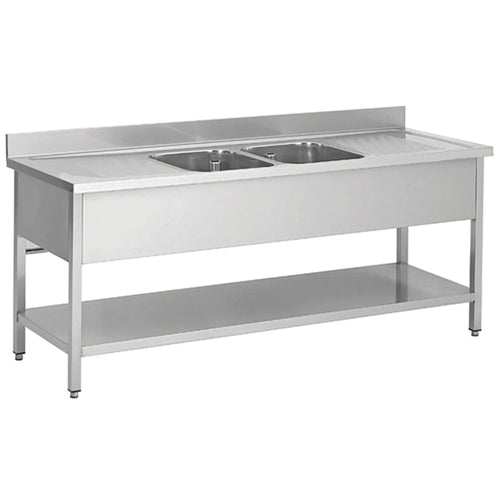 Commercial Sink Stainless steel 2 bowls Bottom shelf Splashback 2000mm Depth 600mm - THSTR206BM2