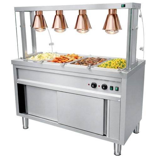 Commercial Heated Bain Marie Food Serving Counter for 4 x GN1/1 with Heated Cabinet, Curved Glass and 4 Heat Lamps 1470 x 700 x 1450mm - VCBMGN4AGH