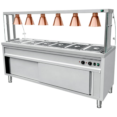 Commercial Heated Bain Marie Food Serving Counter for 6 x GN1/1 with Heated Cabinet, Curved Glass and 6 Heat Lamps 2130 x 700 x 1450mm - VCBMGN6AGH