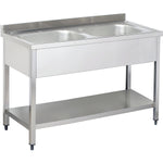 Commercial Sink Stainless steel 2 bowls Bottom shelf Splashback 1400mm Depth 700mm - THSTR147BM2