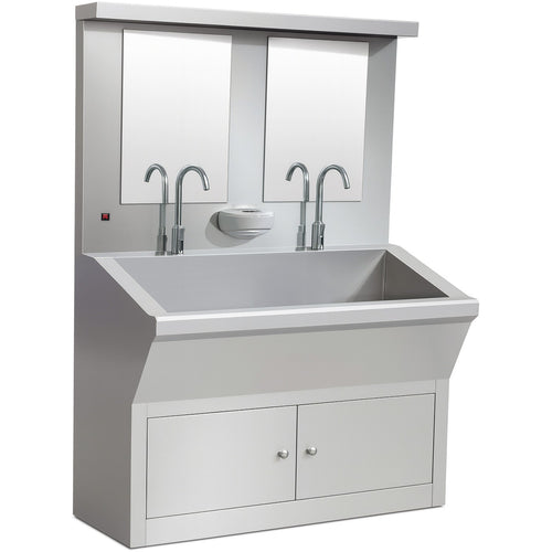 Commercial Stainless Steel Double Scrub Sink with Mirrors, Pedal Controls & Dual Faucets 1200x600x1800mm - YYKY1261