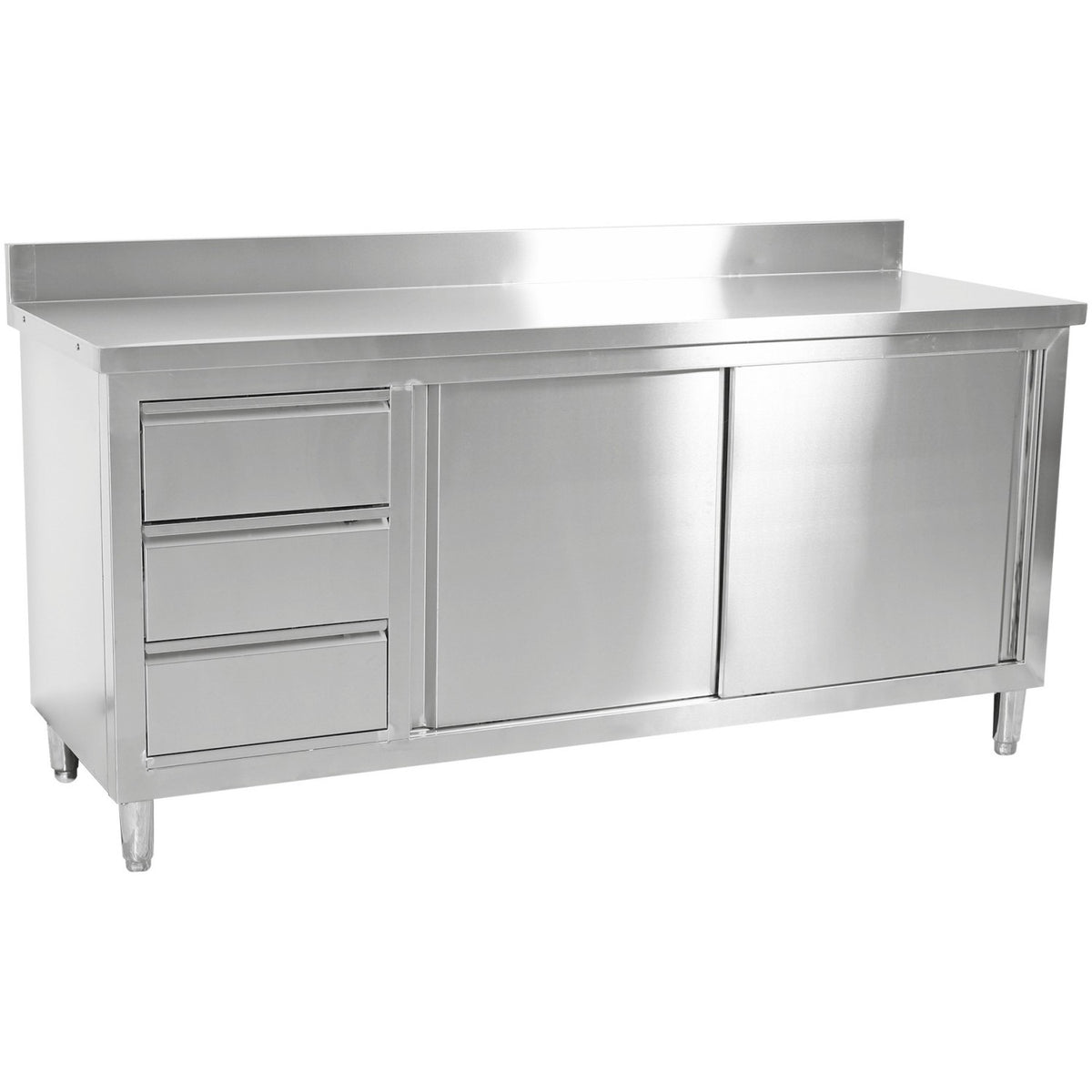 Commercial Worktop Floor Cupboard 3 drawers Left 2 sliding doors Stainless steel 1600x700x850mm Upstand - VTC167L3B