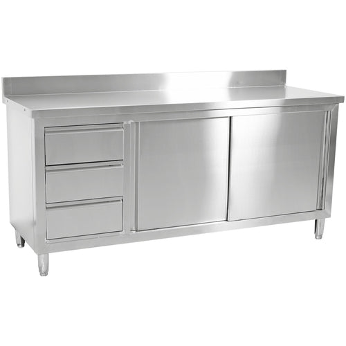 Commercial Worktop Floor Cupboard 3 drawers Left 2 sliding doors Stainless steel 1600x700x850mm Upstand - VTC167L3B
