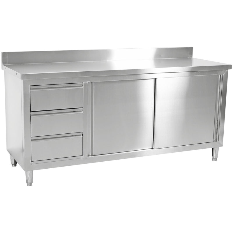 Commercial Worktop Floor Cupboard 3 drawers Left 2 sliding doors Stainless steel 1600x700x850mm Upstand - VTC167L3B