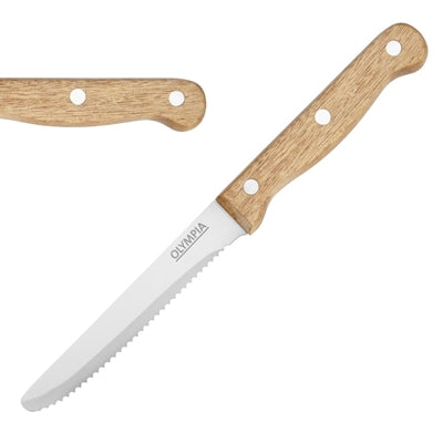 Olympia Rounded Steak Knives with Acacia Wood Handles 110mm (12 Pack) - CS717