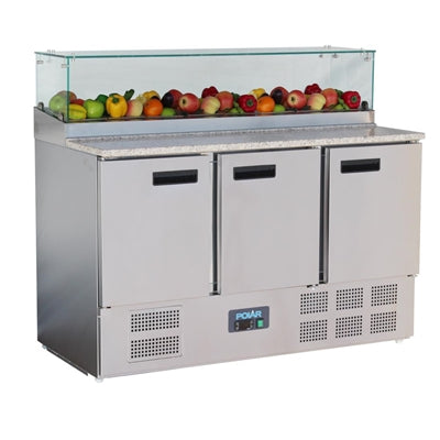 Polar G-Series 3 Door Pizza Prep Counter with Glass Sneeze Guard 444Ltr - GH267