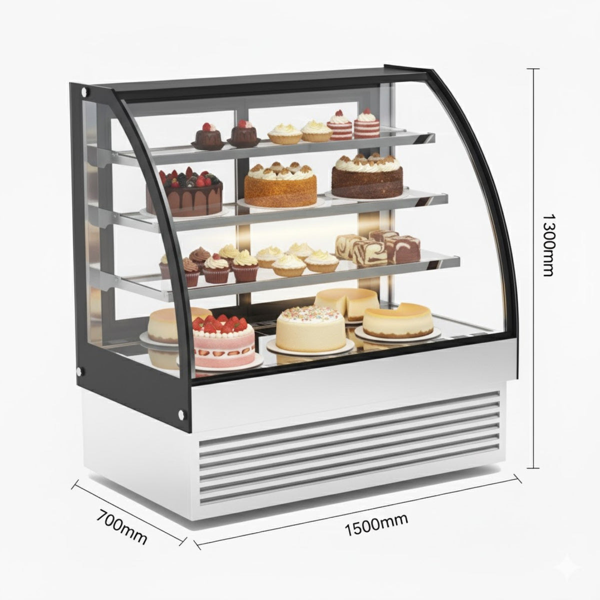 Curved Glass Cake Display Showcase 1500mm 3 Shelves Black & Stainless Steel - HL1500S3