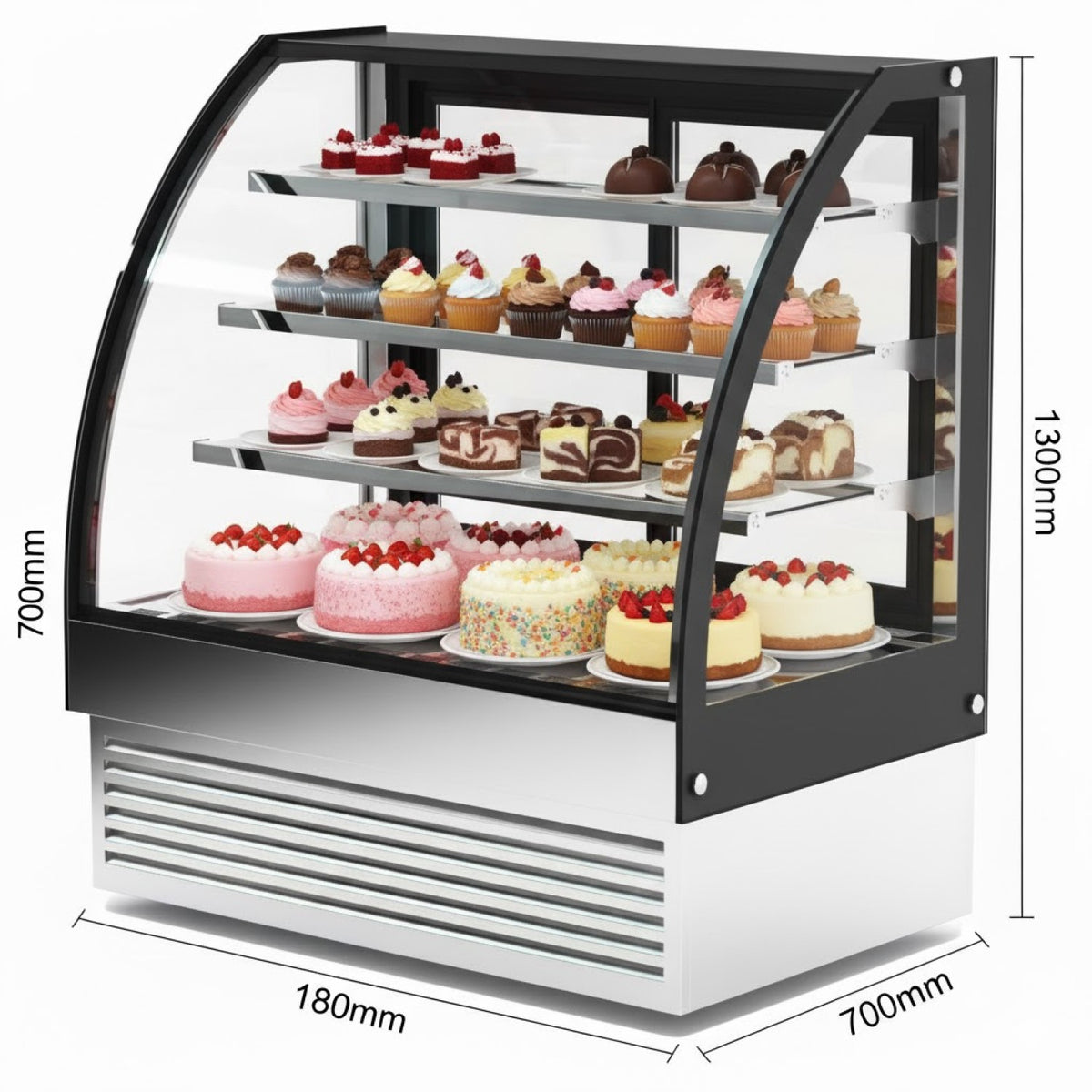 Curved Glass Cake Display Showcase 1800mm 3 Shelves Black & Stainless Steel - HL1800S3