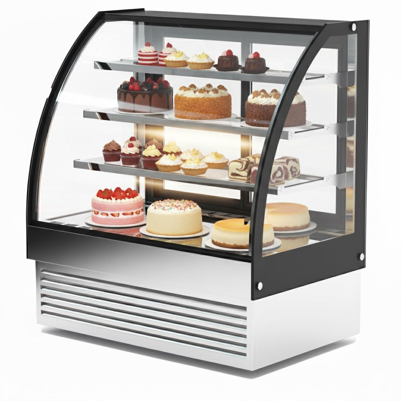 Curved Glass Cake Display Showcase 1500mm 3 Shelves Black & Stainless Steel - HL1500S3