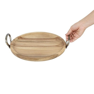 Olympia Round Dish Acacia Wood Metal Handles 345x305x80mm - HX388