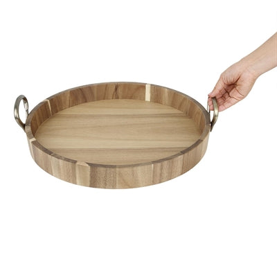 Olympia Round Tray Acacia Wood with Metal Handles 440x405x100mm - HX393