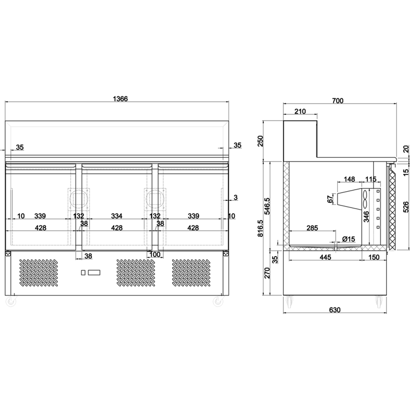 Stalwart DA-PZ33 Pizza Prep Fridge 3 Doors | 8 x GN1/6 Saladette Counter 700mm