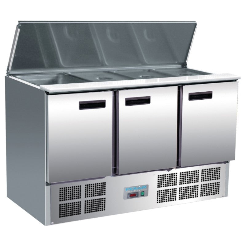 Polar G607 3 Door Refrigerated Saladette Counter 368Ltr | Commercial Prep Fridge