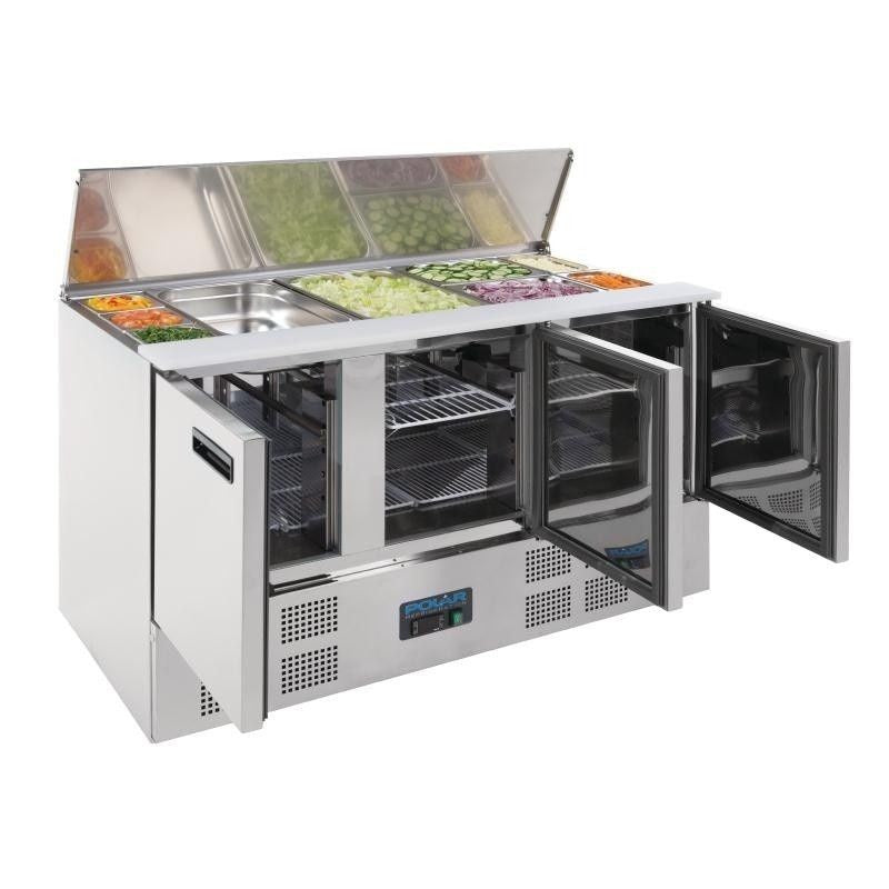 Polar G607 3 Door Refrigerated Saladette Counter 368Ltr | Commercial Prep Fridge