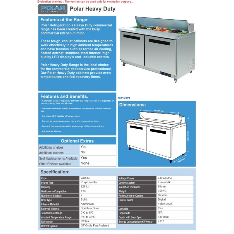 Polar GD883 2 Door Preparation Counter 527Ltr | Large U-Series Pizza Saladette Prep Fridge
