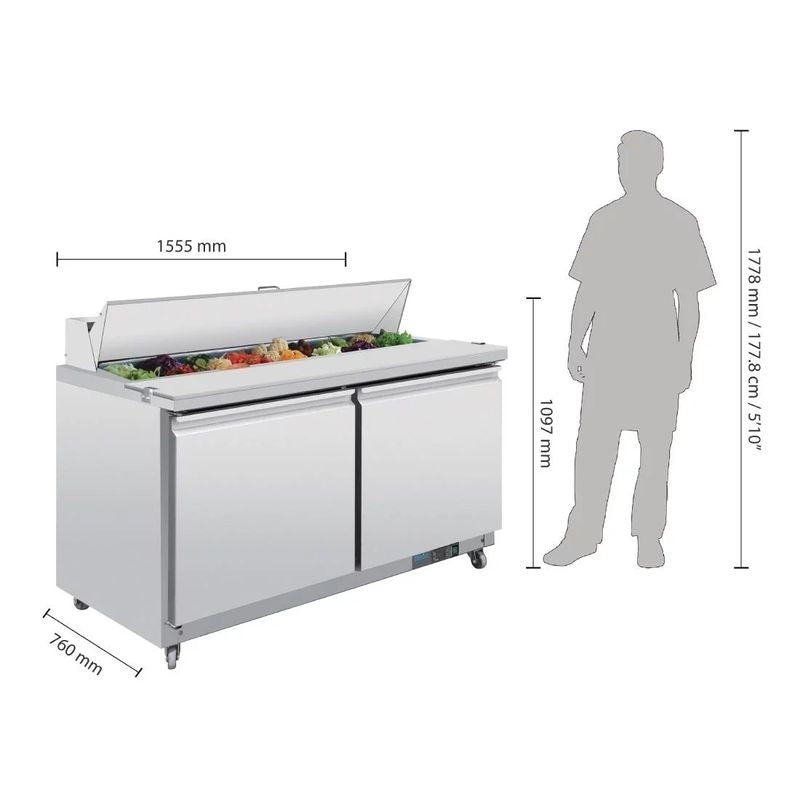 Polar GD883 2 Door Preparation Counter 527Ltr | Large U-Series Pizza Saladette Prep Fridge