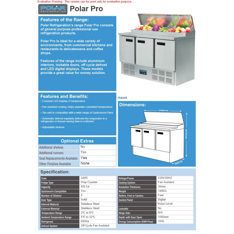 Polar G605 Refrigerated Pizza and Salad Prep Counter 390Ltr | 3 Door Pizza Fridge