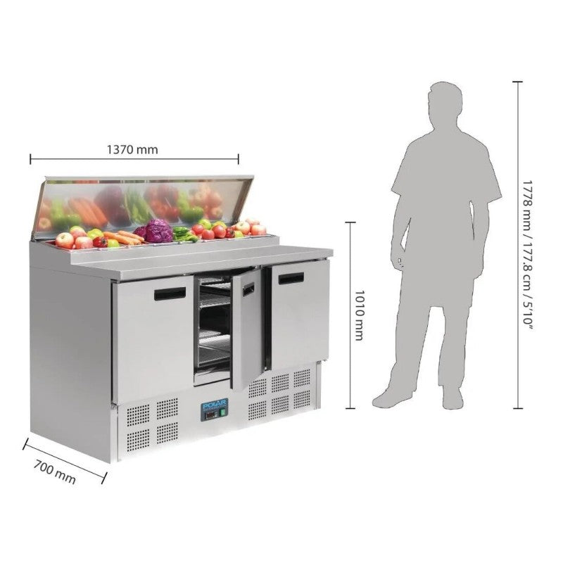 Polar G605 Refrigerated Pizza and Salad Prep Counter 390Ltr | 3 Door Pizza Fridge