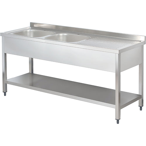 Commercial Sink Stainless steel 2 bowls Left Bottom shelf Splashback 1400mm Depth 600mm - THSTR146BL2