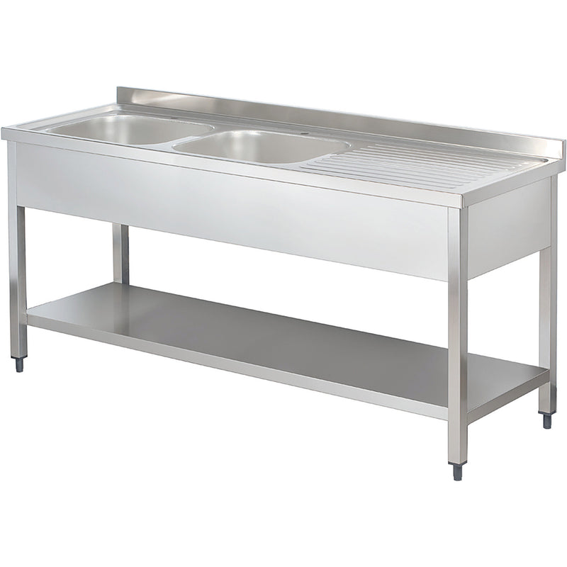 Commercial Sink Stainless steel 2 bowls Left Bottom shelf Splashback 1400mm Depth 600mm - THSTR146BL2