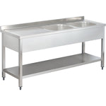 Commercial Sink Stainless steel 2 bowls Right Bottom shelf Splashback 1800mm Depth 600mm - THSTR186BR2