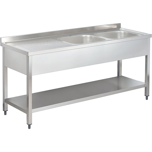 Commercial Sink Stainless steel 2 bowls Right Bottom shelf Splashback 1800mm Depth 600mm - THSTR186BR2