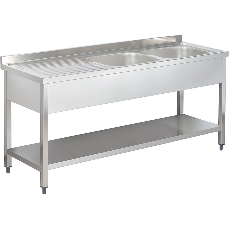 Commercial Sink Stainless steel 2 bowls Right Bottom shelf Splashback 1800mm Depth 600mm - THSTR186BR2
