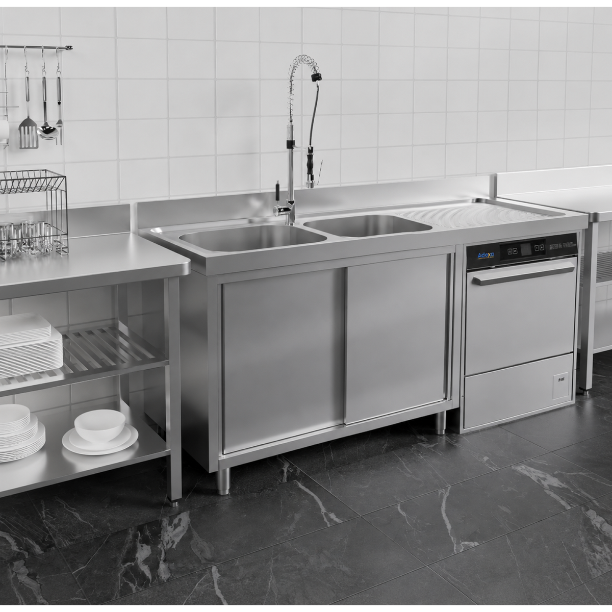 Stainless Steel Double Bowl Sink Unit with Right Drainer & Cabinet 1800×600×950mm - YLC186SBL2