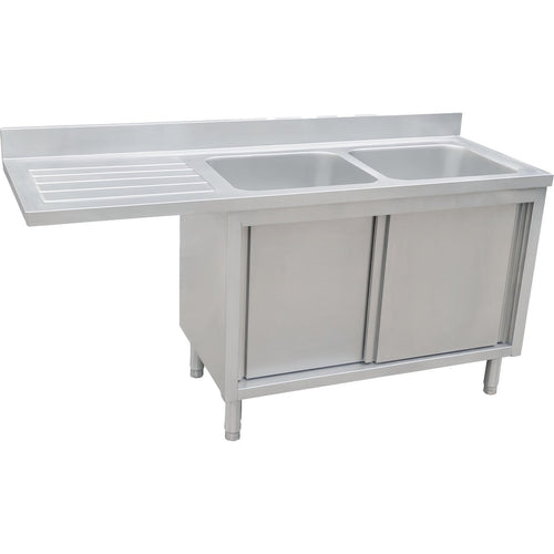 Stainless Steel Double Bowl Sink Unit with Left Drainer & Cabinet 1600×700×950mm - YLC167SBR2