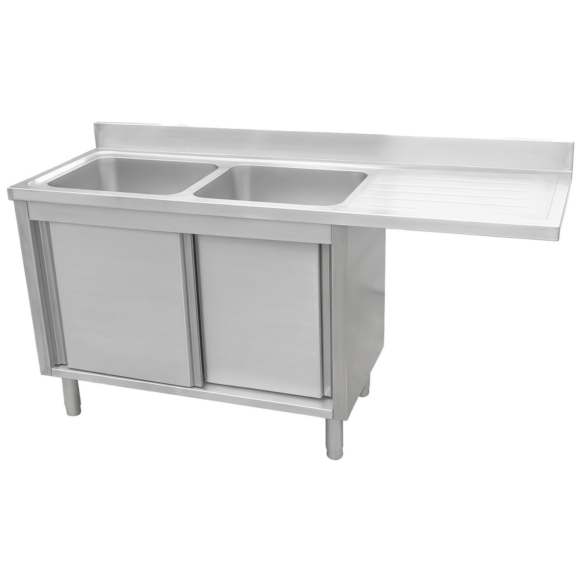 Stainless Steel Double Bowl Sink Unit with Right Drainer & Cabinet 1800×600×950mm - YLC186SBL2