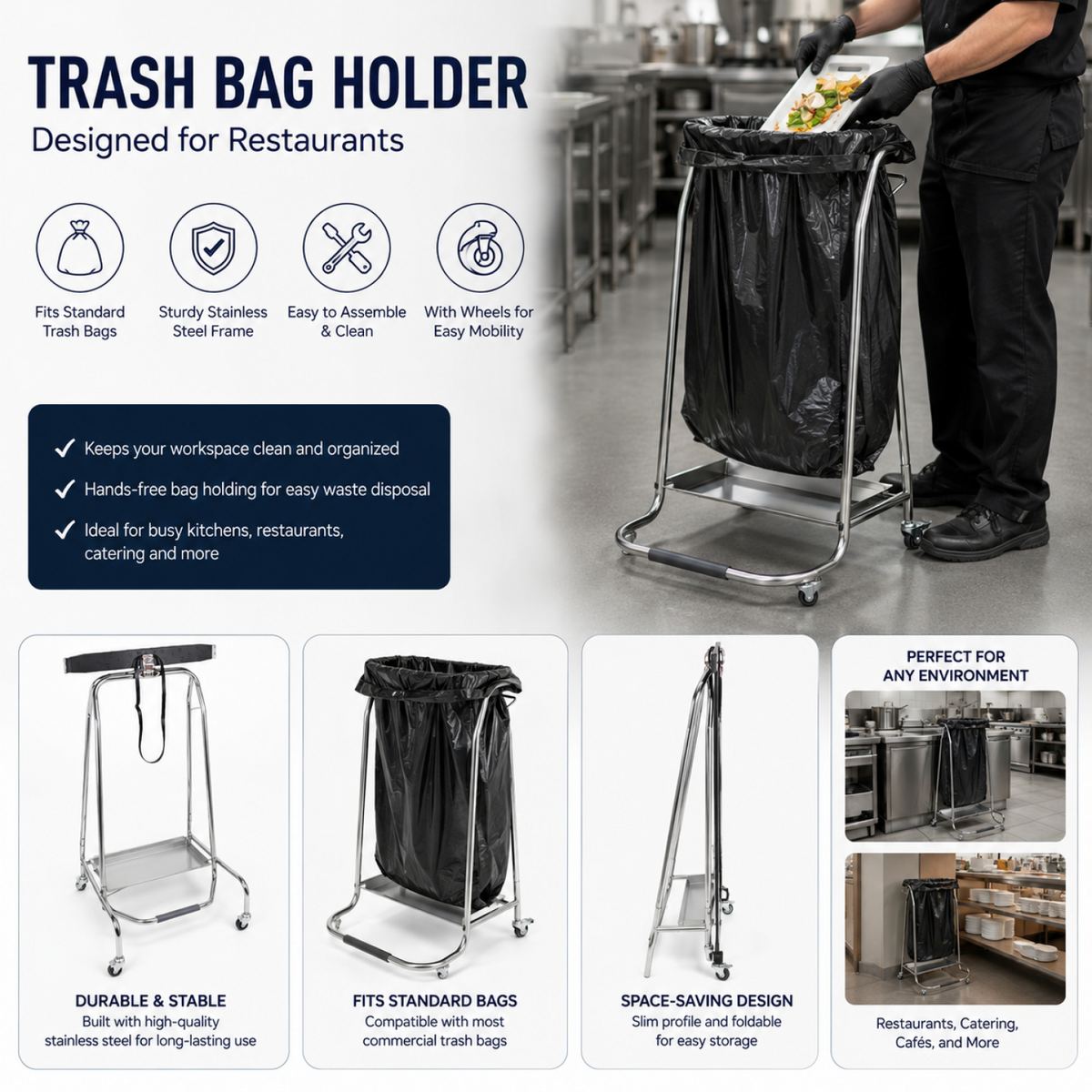 Commercial Stainless Steel Trash Bag Holder Cart 430×530×960 mm - JSN216